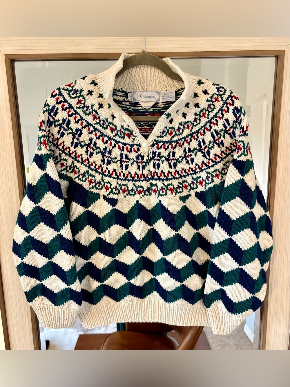 J. Christopher Vintage mock-neck sweater Fair Isle yoke 100% Cotton sz Medium